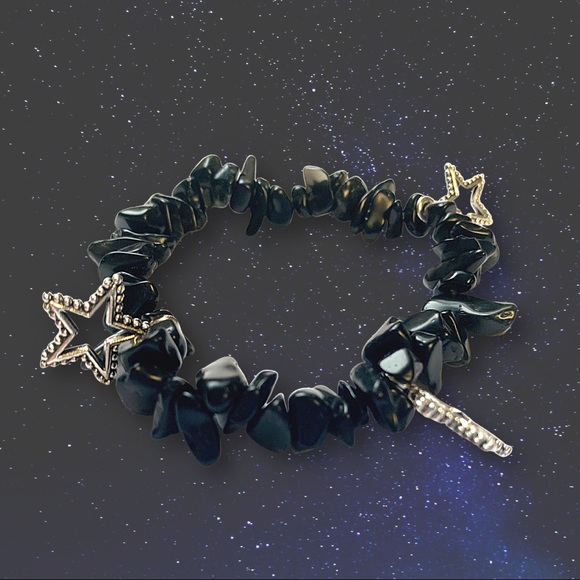 ⭐️ Gemstone Black Obsidian Stars Chip Stretch Bracelet - Picture 3 of 4